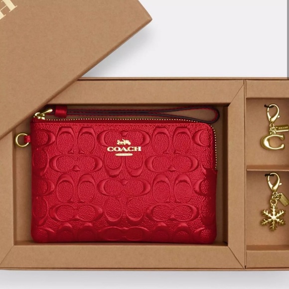 Coach Handbags - 🌻 NEW IN BOX. Coach Corner Zip Wristlet Embossed Signature Leather Red Patent.